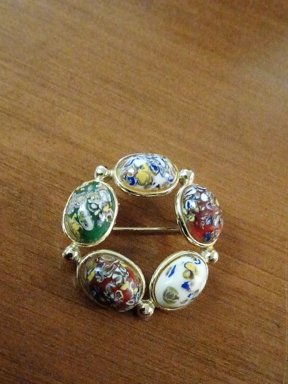 Vtg Millefiori Venetian Glass Brooch Murano Art Cabochons Gold Tone Pin RARE HTF
